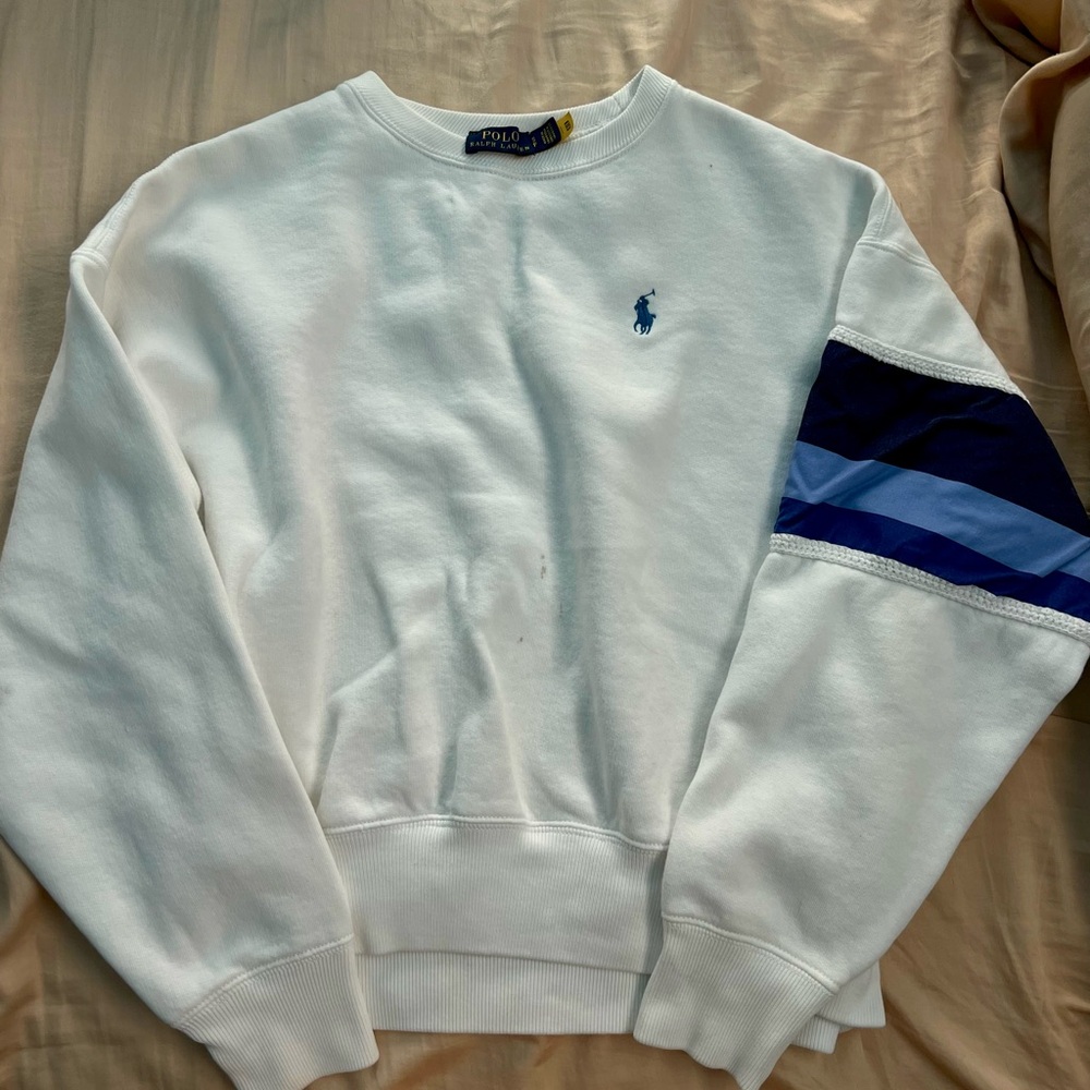 Polo by Ralph Lauren White Crewneck Sweatshirt with Blue Sleeve Stripes